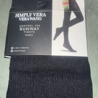 Simply Vera Wang Control Top Runway Tights Ribbed. Black.  New Lined Size 2.